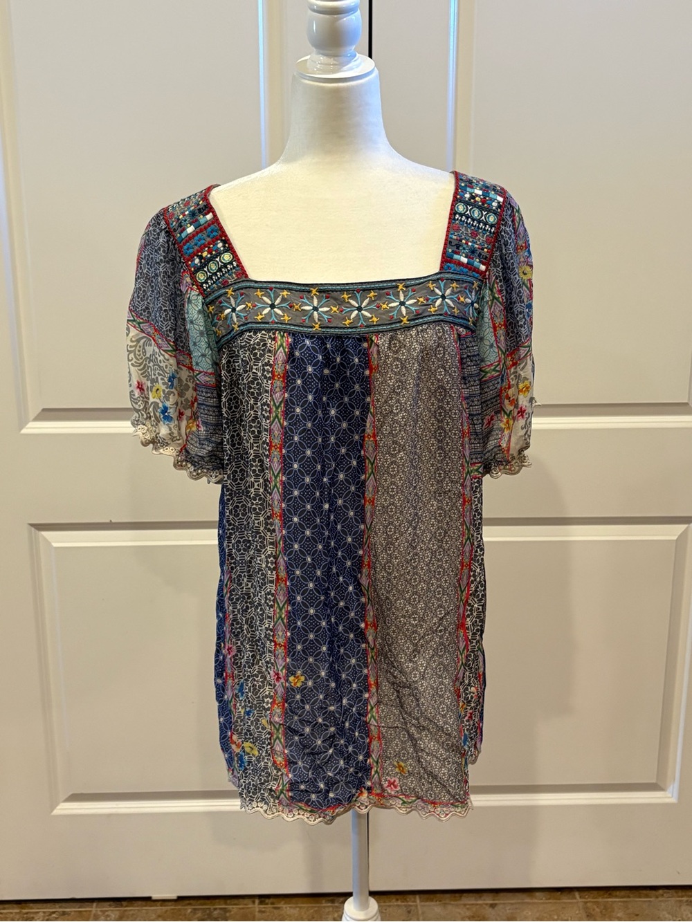 Johnny Was Boho Patchwork Square-Neck Women's Top in Multicolor